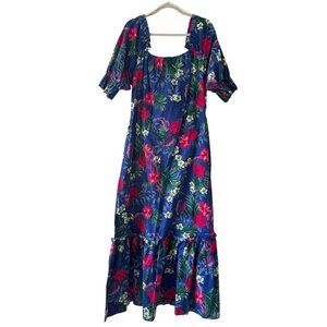 Hilo Hattie Hawaiian Floral Maxi Dress Womens Ruffle Tiered Size L Vintage